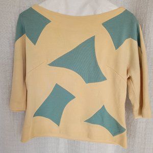 Vintage Top Cropped Boatneck Split Hem 3/4 Sleeve Geometric 80s Abstract Shapes